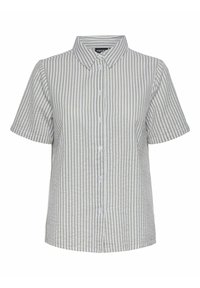 Short-sleeved button-up shirt in light green and white striped cotton, featuring a classic collar and smooth texture.