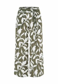 Wide-leg trousers in olive green with white leaf pattern. Made from lightweight fabric, featuring a tied waist and flowing design.
