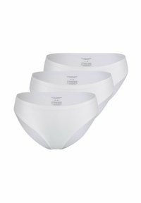 Slip in cotone bianco, con elastico in vita, texture liscia, tre pezzi esposti, etichetta della taglia visibile su ogni paio.