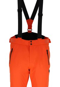 Pantalons de ski orange avec bretelles noires, poches zippées et fermeture à bouton. Texture lisse, coupe ajustée, adaptée aux sports d'hiver.