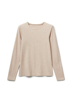Beige Langarmshirt mit Rundhalsausschnitt und schlichter Gestaltung, flach auf einem weißen Hintergrund ausgelegt.