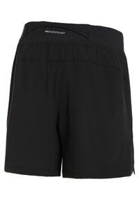 Pantalones cortos deportivos negros con cintura elástica, con un bolsillo trasero etiquetado como "SPEEDPOCKET" y una textura de tela lisa y ligera.