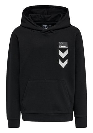 Sweat à capuche noir avec poche avant, bandes blanches en chevron et petit logo hummel sur la partie supérieure gauche de la poitrine.