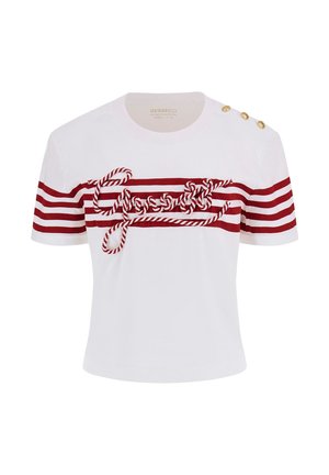 White short-sleeve t-shirt featuring red horizontal stripes and a rope-like design with branding. Gold button accents on the shoulder.