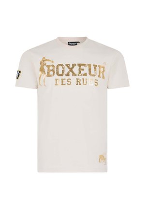 T-shirt crema a maniche corte con testo audace in oro "Boxeur des Rues" e una silhouette di pugilato; include una toppa logo sulla manica sinistra.