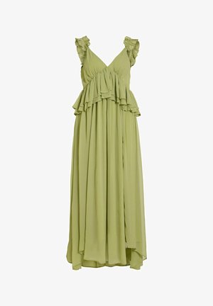 Robe maxi vert clair sans manches avec décolleté en V, bretelles à volants et détail de volants superposés sur le corsage et la jupe fluide.