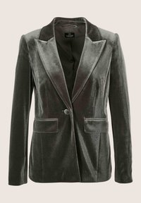 Samtblazer in Dunkelgrau mit strukturierter Oberfläche, spitzen Revers, einreihiger Knopfleiste und zwei Fronttaschen. Gefüttertes Innenfutter.