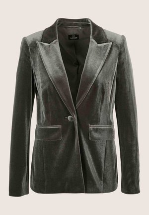Samtblazer in Dunkelgrau mit strukturierter Oberfläche, spitzen Revers, einreihiger Knopfleiste und zwei Fronttaschen. Gefüttertes Innenfutter.