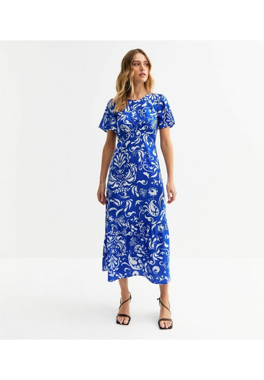 knee length dresses for ladies Blue Floral V-neck Midi Dress  Peacocks & Pearls Lexington