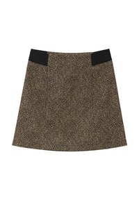 Rozkloszowana spódnica w beżowo-czarny wzór panterki, z teksturowanym czarnym pasem. Wykonana z miękkiego, lekkiego materiału.