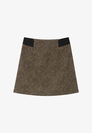 Rozkloszowana spódnica w beżowo-czarny wzór panterki, z teksturowanym czarnym pasem. Wykonana z miękkiego, lekkiego materiału.