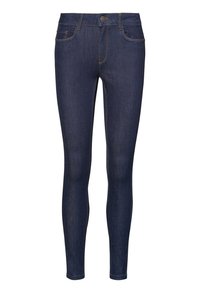 Misterioso vaquero oscuro de corte skinny con un diseño clásico de cinco bolsillos, que presenta un cierre de botón y sutiles detalles de costura.