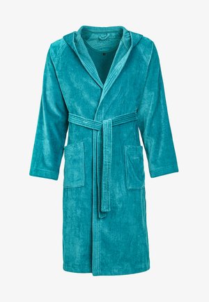 Bata de baño de felpa turquesa con capucha, mangas largas, dos bolsillos frontales y cinturón de lazo. Presenta un tejido texturizado para mayor comodidad.