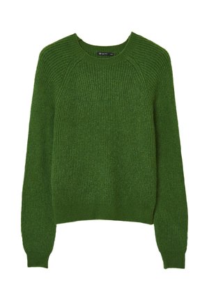 Maglione verde lavorato a maglia con colletto rotondo, texture a coste, maniche lunghe e design corto. Il materiale sembra morbido e caldo.