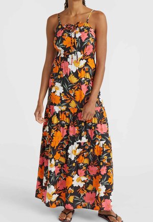 Maxi dress featuring a black background with vibrant floral patterns in orange, pink, and white. It has adjustable straps and a gathered waist.