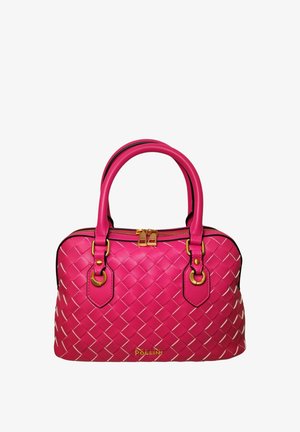 Borsa a mano intrecciata in pelle rosa brillante con doppi manici, zip dorata e logo Pollini in oro sulla parte anteriore.