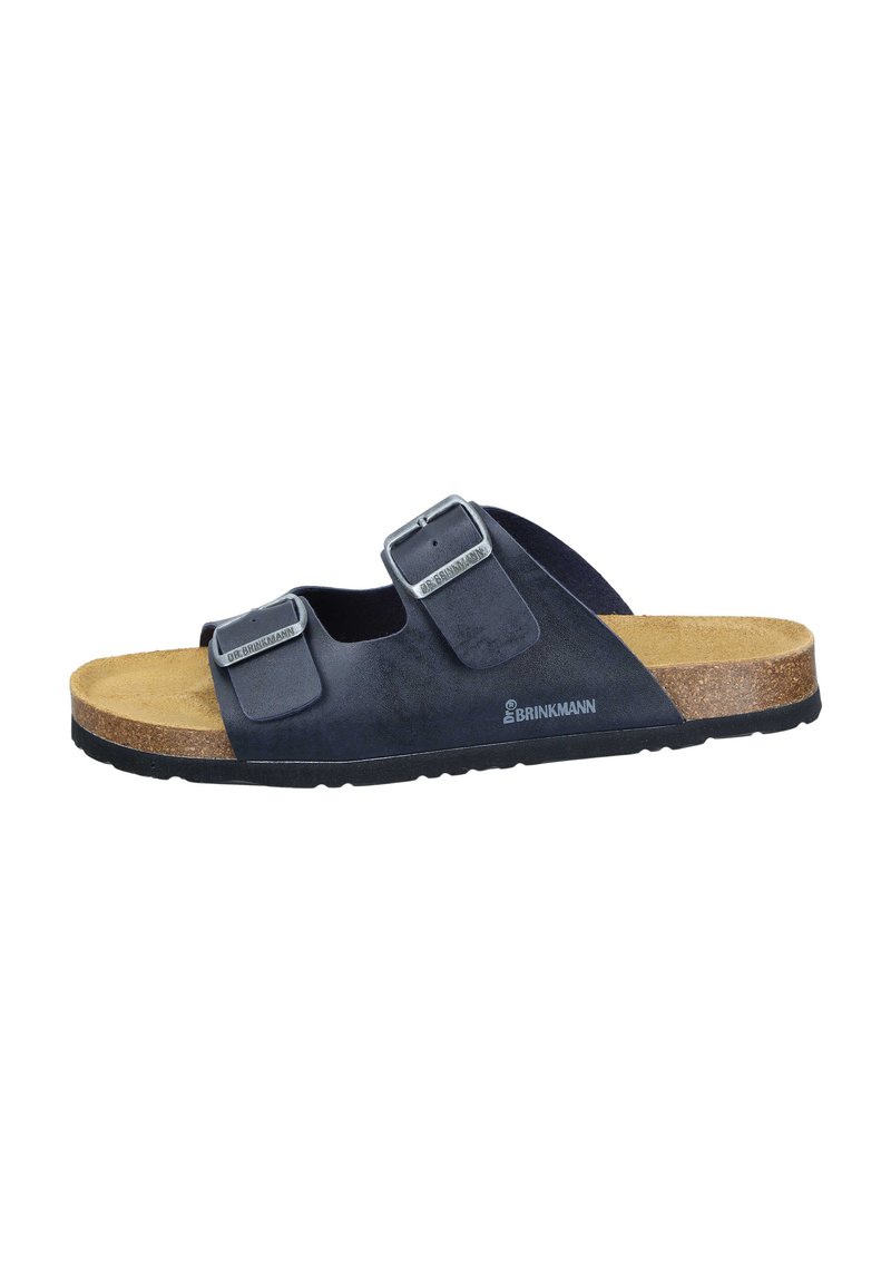 Donkerblauwe sandalen met twee verstelbare gespen, van een suedachtige stof, kurken buitenzool en een getextureerde voetbed voor comfort.