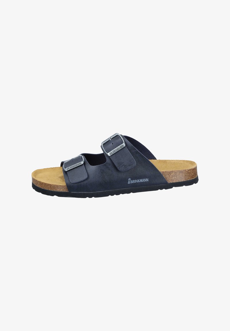 Donkerblauwe sandalen met twee verstelbare gespen, van een suedachtige stof, kurken buitenzool en een getextureerde voetbed voor comfort.