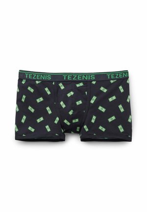 Schwarze Boxerbriefs mit einem Muster aus grünen Geldscheinen, ausgestattet mit einem grünen "TEZENIS"-Bund und aus einem weichen, elastischen Stoff für hohen Tragekomfort.