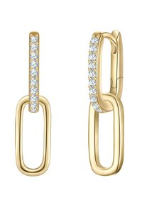 Goldene Ohrringe mit einem verbundenen Design und glatter Oberfläche. Ein Glied ist mit klaren Kristallen am Rand verziert, die für Funkeln sorgen.