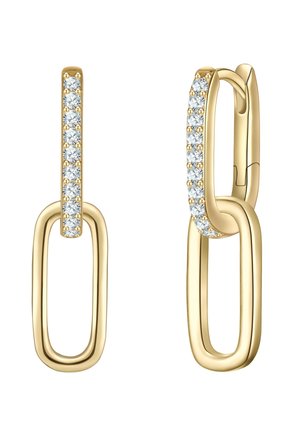 Goldene Ohrringe mit einem verbundenen Design und glatter Oberfläche. Ein Glied ist mit klaren Kristallen am Rand verziert, die für Funkeln sorgen.