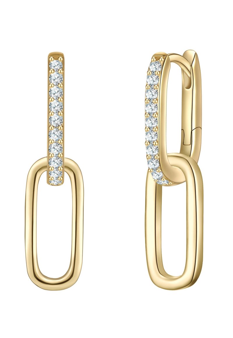 Goldene Ohrringe mit einem verbundenen Design und glatter Oberfläche. Ein Glied ist mit klaren Kristallen am Rand verziert, die für Funkeln sorgen.