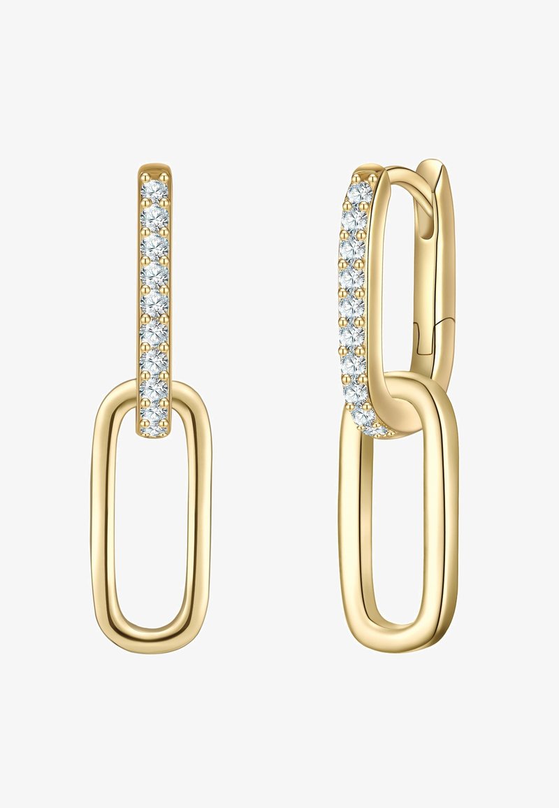 Goldene Ohrringe mit einem verbundenen Design und glatter Oberfläche. Ein Glied ist mit klaren Kristallen am Rand verziert, die für Funkeln sorgen.