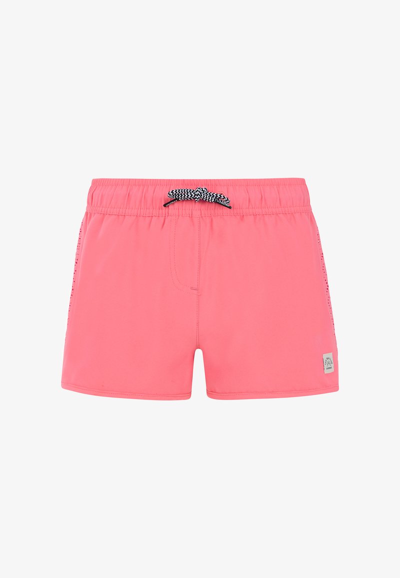 Ružové plavkové šortky vyrobené z ľahkého materiálu, s elastickým pásom a čierno-bielym šnúrkovým uzáverom. Obsahujú bočné panelové akcenty.