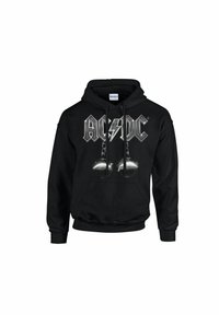 Zwarte hoodie met een grafisch ontwerp met de tekst "AC/DC" en een bliksemschicht, gemaakt van katoen, met een voorzak en trekkoorden.