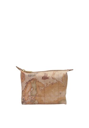 Sacchetto con stampa di mappa realizzato in materiale liscio, dotato di chiusura con zip superiore. Toni terreni con dettagli sulle coste e un'illustrazione di una nave.