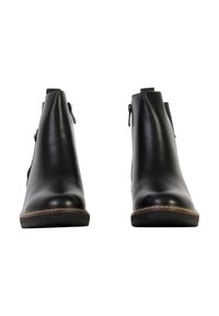 Bottes en cuir noir à la cheville avec une texture lisse, un bout arrondi et des fermetures éclair latérales ; dotées d'une couture contrastante autour de la semelle.