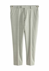 Pantaloni eleganti grigi chiari con un fine motivo a righe, frontale plissettato, tasche laterali e dettaglio con bottone in vita. Tessuto morbido al tatto.