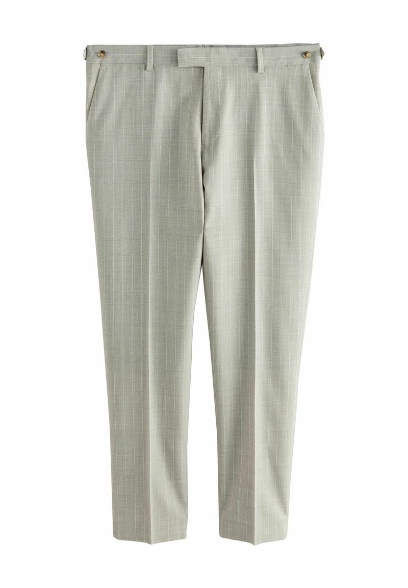 Pantaloni eleganti grigi chiari con un fine motivo a righe, frontale plissettato, tasche laterali e dettaglio con bottone in vita. Tessuto morbido al tatto.