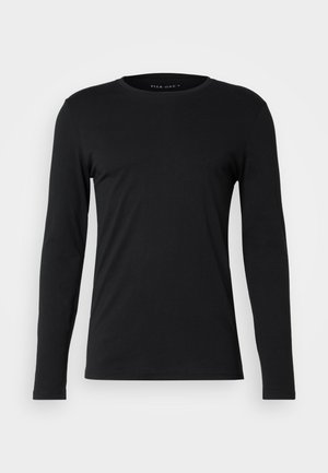 Zwart langarm t-shirt van een zachte stof. Heeft een ronde halslijn en een getailleerde pasvorm zonder zichtbare graphics of versieringen.