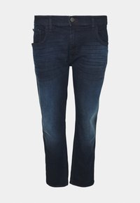 Jeans de mezclilla oscuros con un diseño de corte recto, que cuentan con cinco bolsillos, un ligero desvanecimiento y un cierre de botón de metal único en la cintura.