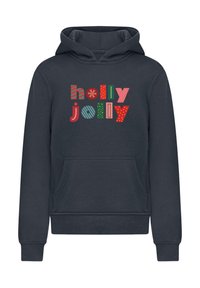Dunkelgrauer Hoodie mit einer Kängurutasche. Mit buntem "holly jolly"-Text in verschiedenen Schriften und Mustern, einschließlich Streifen und Punkten.