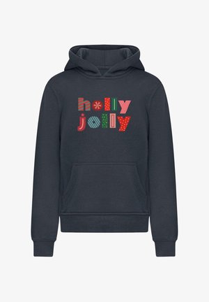 Ciemnoszara bluza z kapturem z kieszenią kangurką. Ozdobiona kolorowym napisem "holly jolly" w różnych czcionkach i wzorach, w tym paski i kropki.