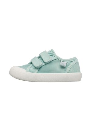 Light teal toddler shoe with two hook-and-loop straps and white rubber sole, viewed from the side on a white background.