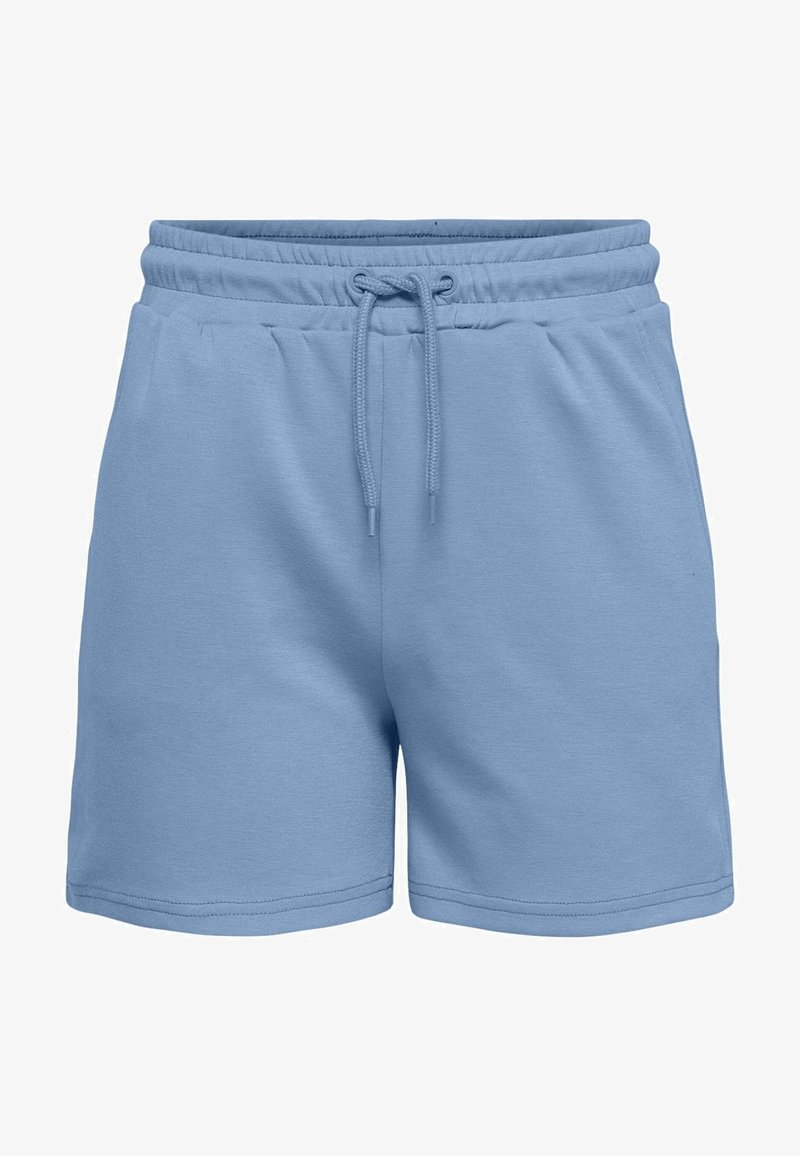 Svetle modré kraťasy vyrobené z bavlněné směsi, s elastickým pasem a stahovací šňůrkou, hladkou texturou a bez vzorů.