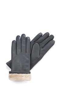 Black leather gloves with a plush beige fur cuff, featuring a sleek design, five fingers, and subtle stitching on the leather surface.