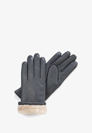 Black leather gloves with a plush beige fur cuff, featuring a sleek design, five fingers, and subtle stitching on the leather surface.