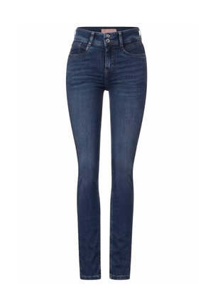 Jeans skinny in denim blu scuro con vita alta, dotati di tasche frontali, chiusura a due bottoni e delicata sfumatura alle cosce.