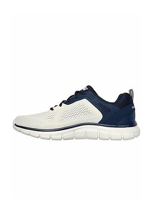 Zapatilla deportiva ligera con parte frontal de malla blanca y talón sintético azul marino, suela acolchada blanca y cordones negros, vista lateral.