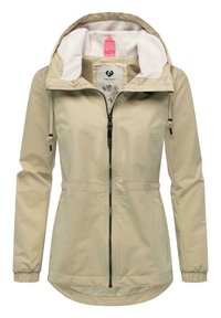 Beige lett jakke med glidelås foran, snorhette og elastiske mansjetter. Innvendig fôret med mykt hvitt materiale, med et blomstrete merke.