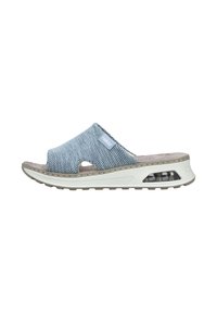 Blue mesh slide sandal with a cut-out design, beige cushioned footbed, and white midsole featuring a transparent air pocket.