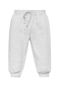 Pantalones de chándal para niño pequeños de felpa gris claro con cintura elástica, cordón y puños elásticos, mostrados planos sobre un fondo blanco.