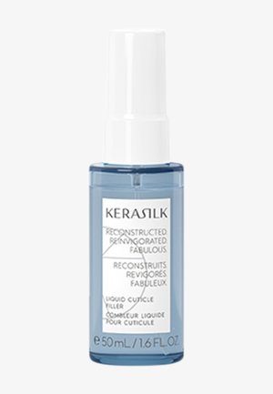 Blauwe sprayfles van 50 ml met het label "Kerasilk Reconstructed Reinvigorated Fabulous" vloeibare nagelriemvuller met witte dop.