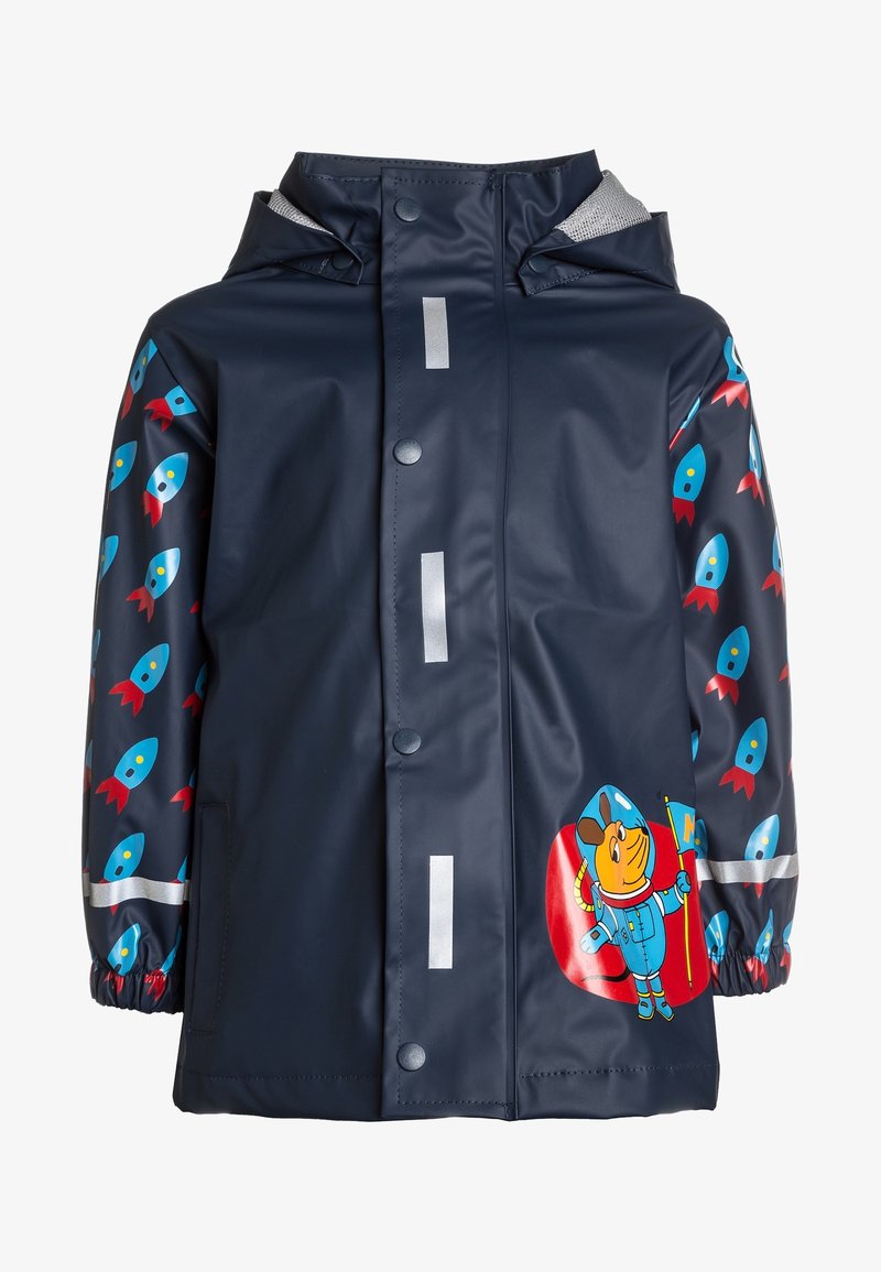 Imperméable enfant bleu marine avec motifs de fusées sur les manches et une souris astronaute tenant un drapeau sur la poche avant.