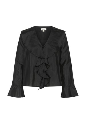 Must musta blouse sügava V-dekolteega, volangidega esitükiga ja kellukesevarrukatega. Omab suurt, pehmet kraed ja veidi lühendatud lõiget.