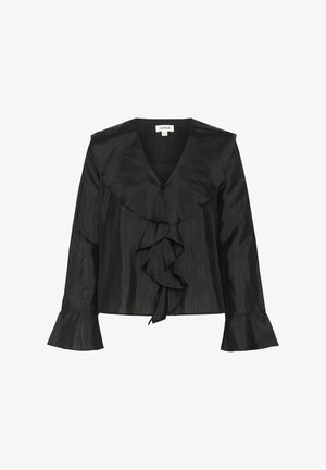 Must musta blouse sügava V-dekolteega, volangidega esitükiga ja kellukesevarrukatega. Omab suurt, pehmet kraed ja veidi lühendatud lõiget.